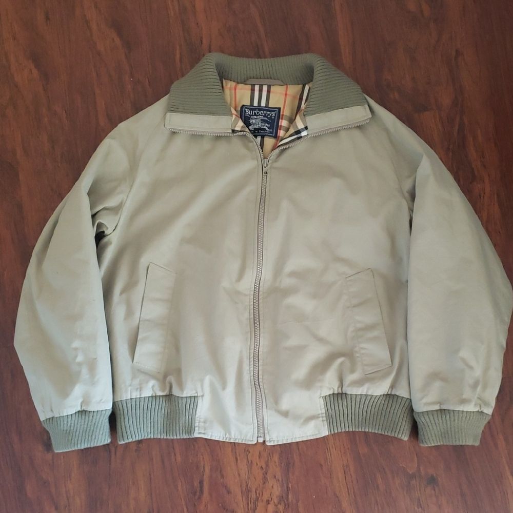 Vintage Burberrys Men's Green Khaki Bomber Jacket Size 52R